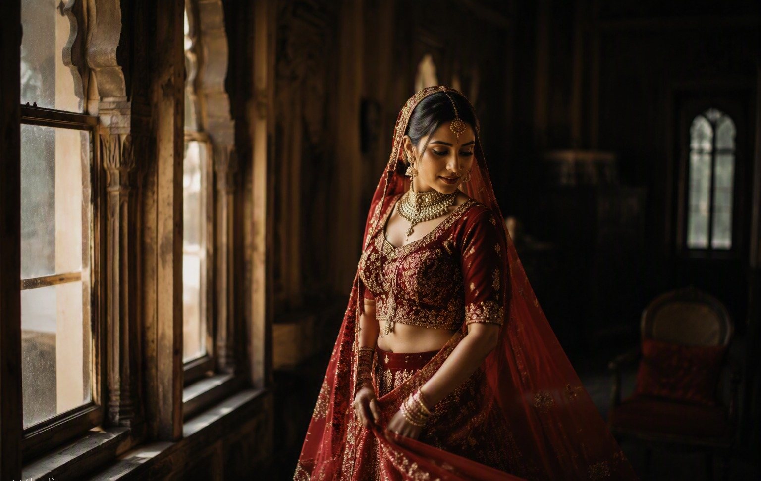 Bride mid-movement at a heritage window during a pose flow